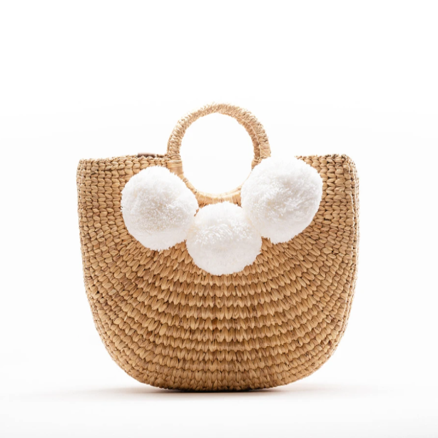 Camryn White Pom Pom Tote